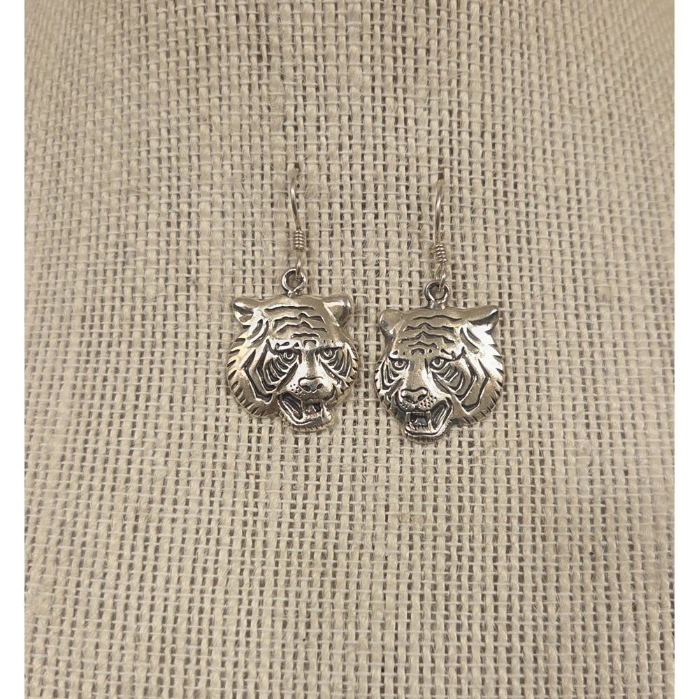 Sterling Silver Roaring Tiger Face Dangle Earrings 925